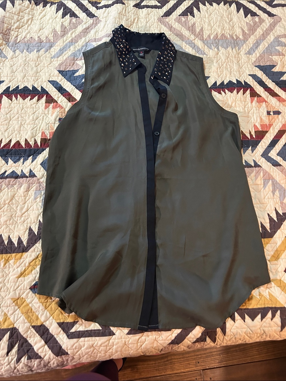 Rock & Republic Olive Green Sleeveless Blouse with Studded Black Collar